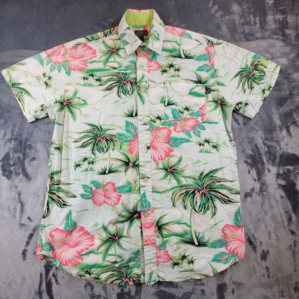 Maui and Sons Mens Aloha Style Hibiscus Palm Tree Shirt Medium Green Pink Cotton